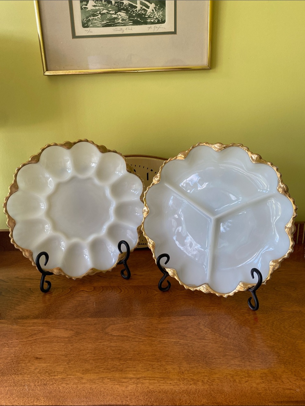 Vintage Milk Glass Serving Platters Devilled Egg Plate / Divided Tray Gold Trim